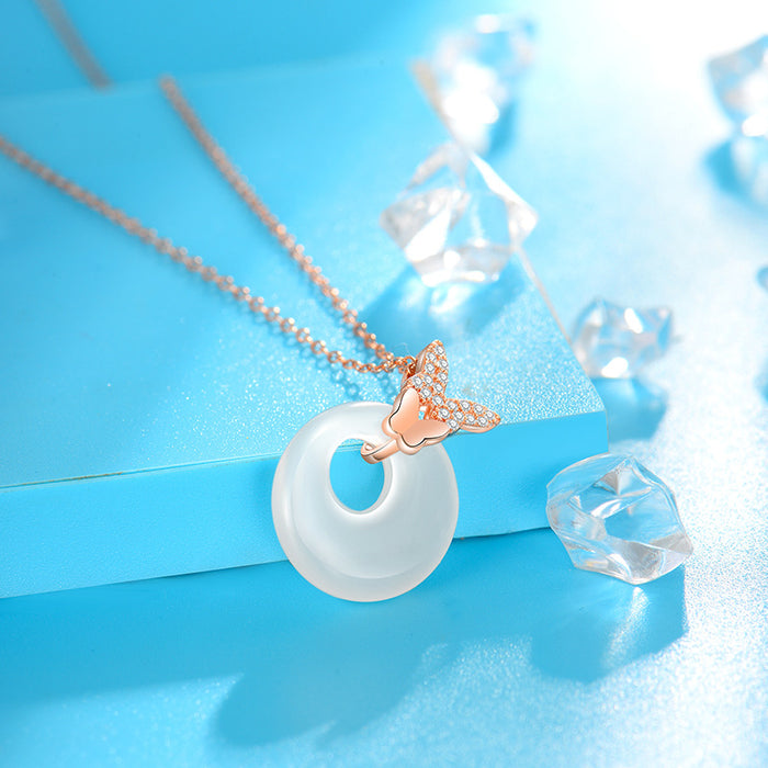 Butterfly Love Peace Buckle Hetian Jade Necklace