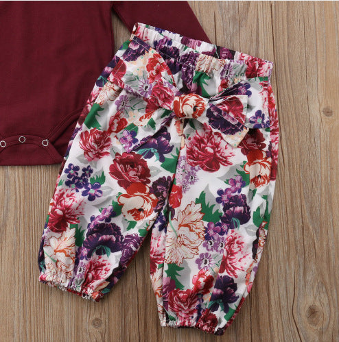 Set 3PCS Newborn Baby Girls Red Tops Solid Romper Floral Pants Headband Outfits All Seasons Set Clothes