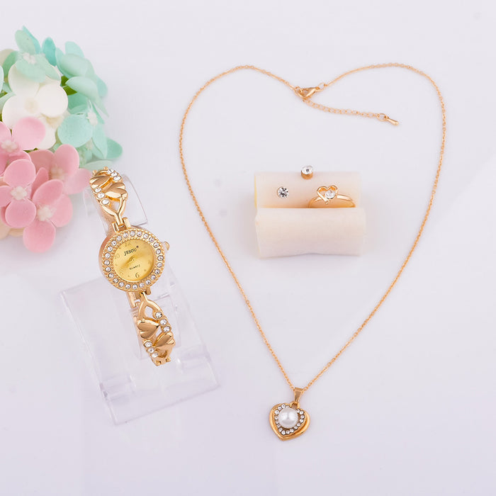 New Ladies Exquisite Watch Necklace Ring Earrings Jewelry Four-Piece Set