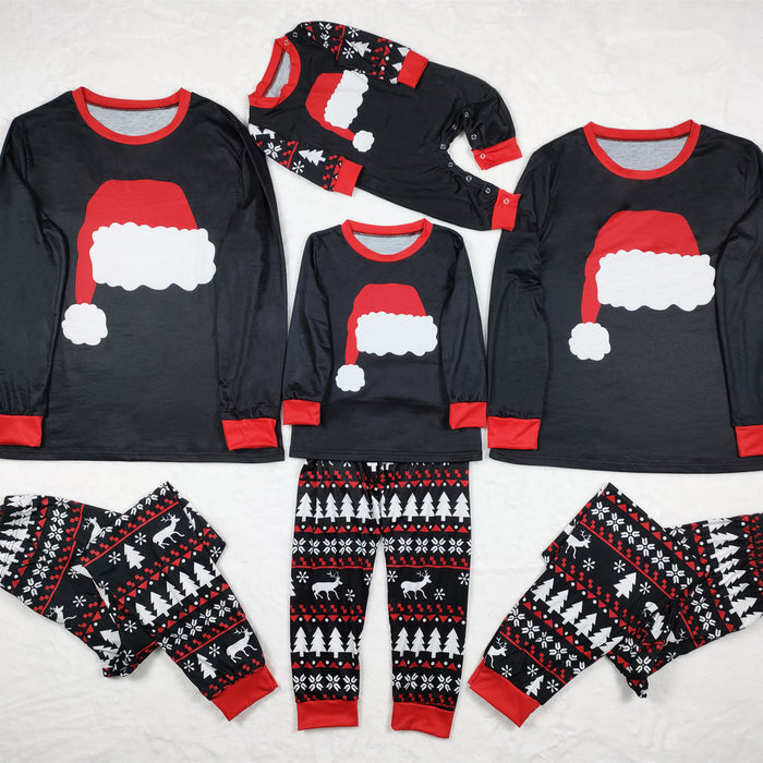 Novo conjunto de pijamas de outono e inverno para casa usar chapéu de natal impresso terno pai-filho