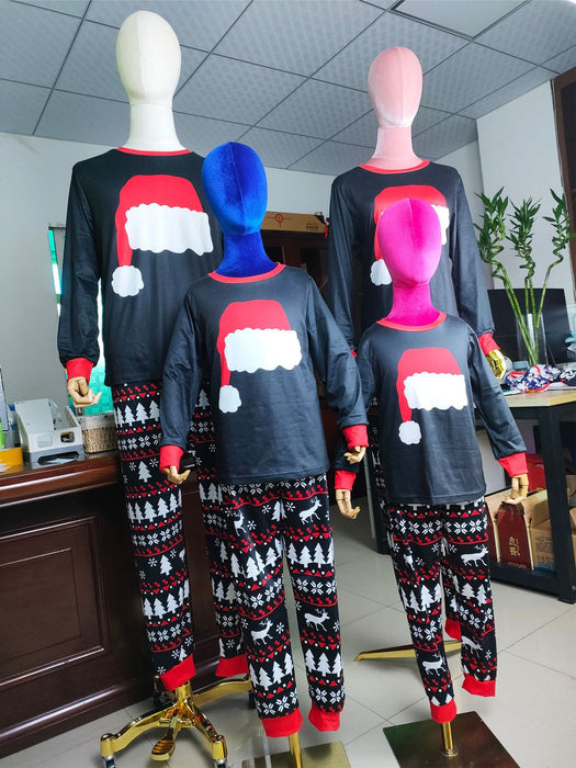 Novo conjunto de pijamas de outono e inverno para casa usar chapéu de natal impresso terno pai-filho