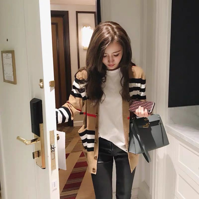 Thin V-neck Sweater Coat Loose Color Matching All-Match Blouse Women