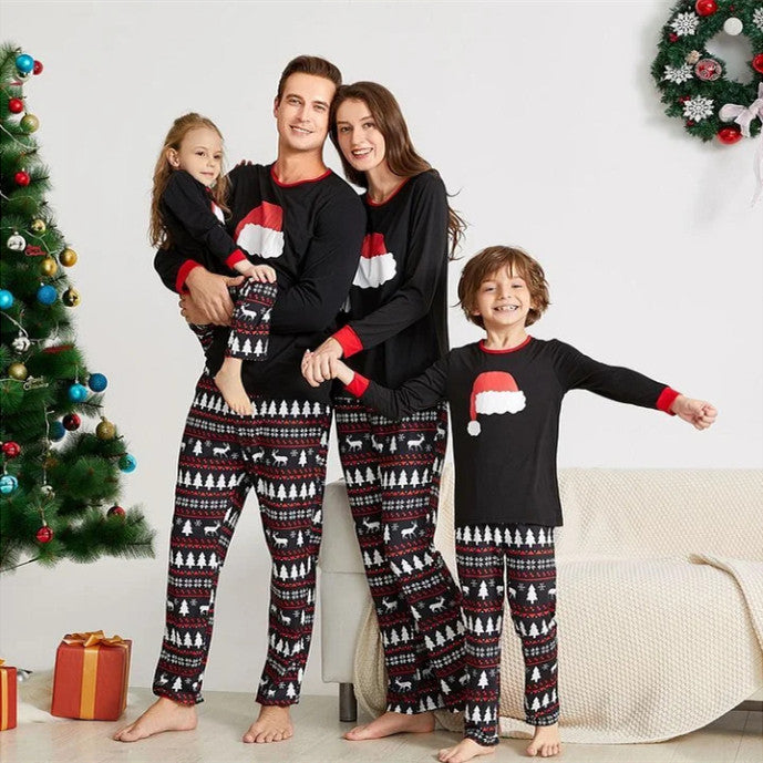 Novo conjunto de pijamas de outono e inverno para casa usar chapéu de natal impresso terno pai-filho