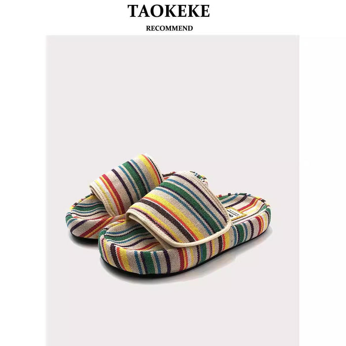 Thick-soled Slippers for Women Design Rainbow Color Canvas Casual Outerwear Flip Flops
