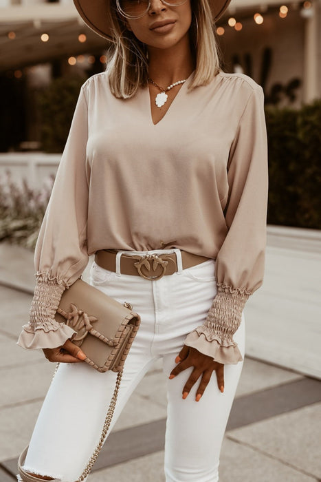 Chemise femme à col en V ornée de poignets simples de couleur pure