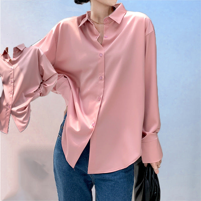 Chemise femme en satin à manches longues