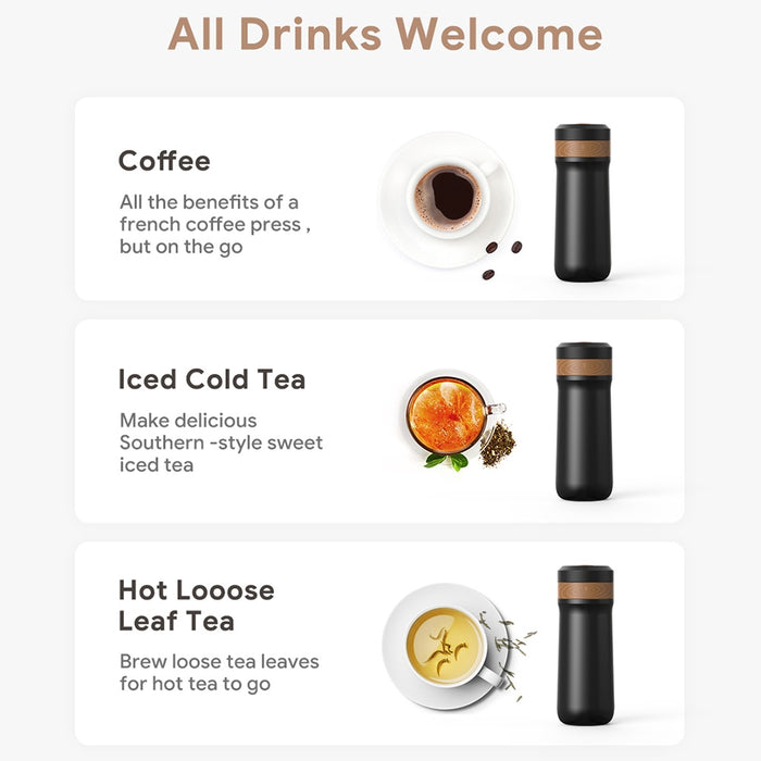 Tragbare Kaffeemaschine aus Edelstahl, 320 ml, French Press, Tee und Kaffee