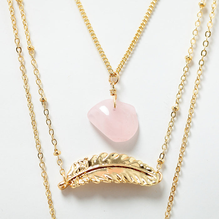 Frauen 3 Schicht Halskette Gold Blatt Rosa Naturstein Multilayer Pullover Kette Kragen Halskette Schmuck Geschenk