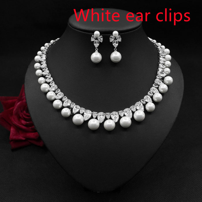 Perle Zirkon Ohrringe Halskette Set Dinnerschmuck