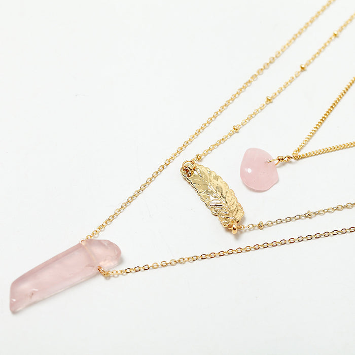 Frauen 3 Schicht Halskette Gold Blatt Rosa Naturstein Multilayer Pullover Kette Kragen Halskette Schmuck Geschenk