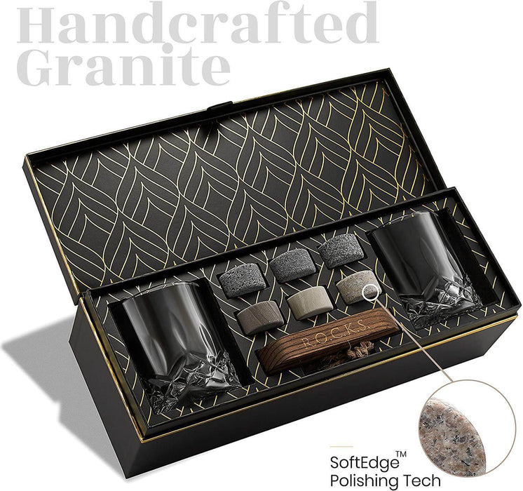 Whisky Chilling Stones Geschenkset mit 2 charakteristischen Kristallgläsern