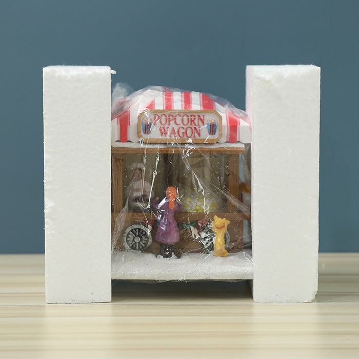 Weihnachts-Speisewagen, LED-beleuchtetes Haus, Kunstharz, Popcorn-Wagen-Ornament