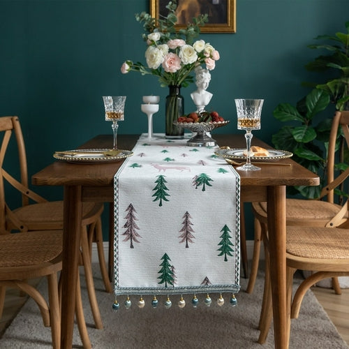 Christmas tree table runner, winter holiday Christmas moose, food
