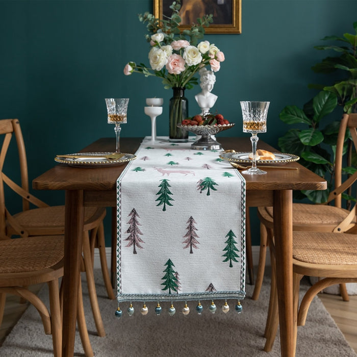 Christmas tree table runner, winter holiday Christmas moose, food