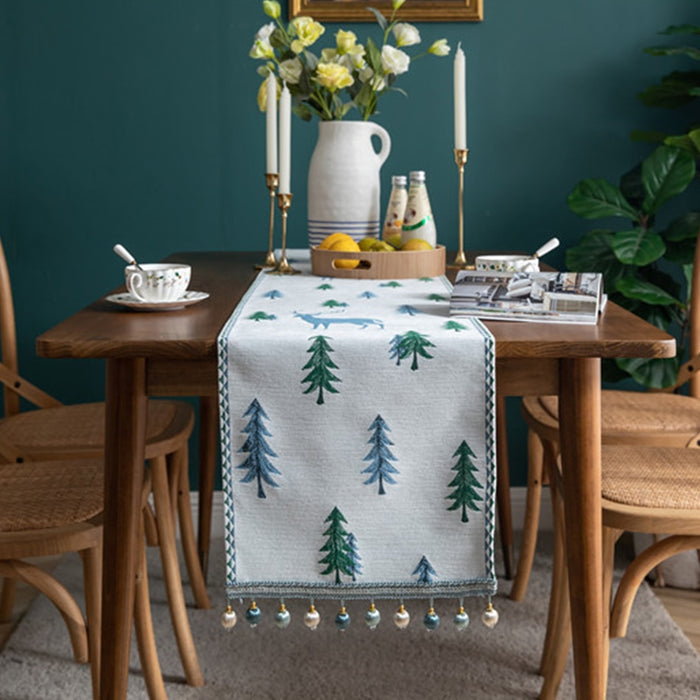 Christmas tree table runner, winter holiday Christmas moose, food