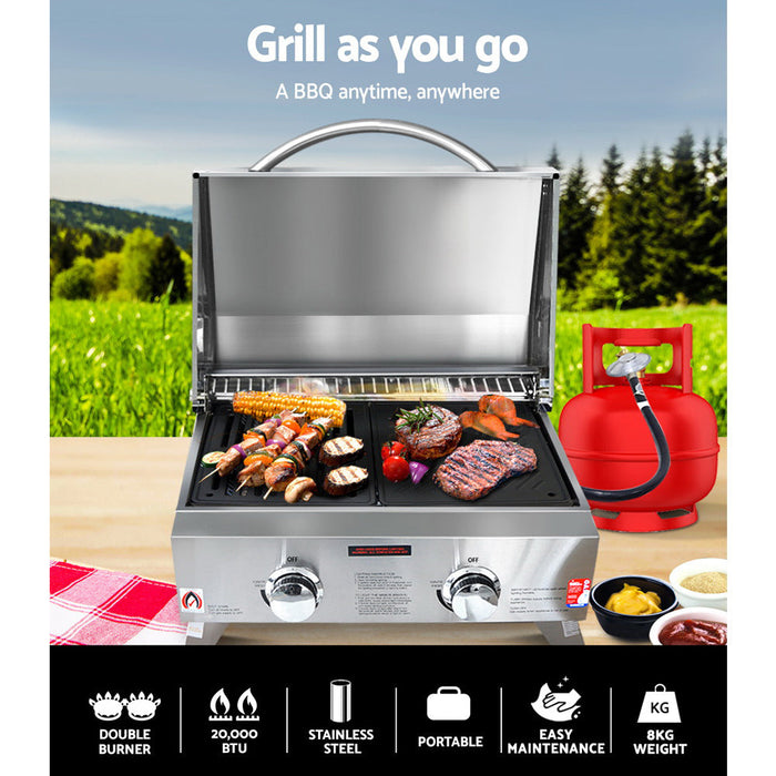 Grillz Tragbarer Gasgrill LPG-Ofen Campingkocher Grill 2 Brenner Herd