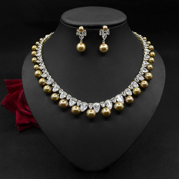 Perle Zirkon Ohrringe Halskette Set Dinnerschmuck